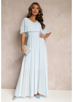 Jasnoniebieska Plisowana Sukienka z Gumką w Pasie z Falbaną Przy Dekolcie Drenia ze sklepu Renee odzież w kategorii Sukienki - zdjęcie 160067006