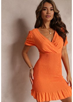 Pomarańczowa Sukienka Mini z Kopertowym Dekoltem i Bufiastymi Rękawami z Wiskozy Livya ze sklepu Renee odzież w kategorii Sukienki - zdjęcie 160067079