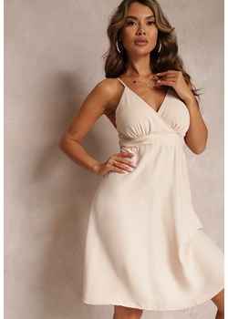Beżowa Letnia Sukienka Midi Rozkloszowana z Kopertowym Dekoltem Renlia ze sklepu Renee odzież w kategorii Sukienki - zdjęcie 160067278