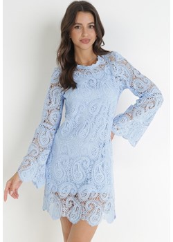 Niebieska Koronkowa Sukienka Mini z Długimi Rękawami i Kokardkami Temona ze sklepu Born2be Odzież w kategorii Sukienki - zdjęcie 160077626
