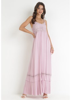 Różowa Sukienka Maxi na Cienkich Ramiączkach z Falbankami i Koronką Vealani ze sklepu Born2be Odzież w kategorii Sukienki - zdjęcie 160077766