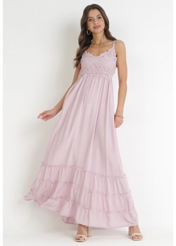 Różowa Sukienka Maxi na Ramiączkach z Koronkowymi Wstawkami i Falbankami Lemera ze sklepu Born2be Odzież w kategorii Sukienki - zdjęcie 160077786