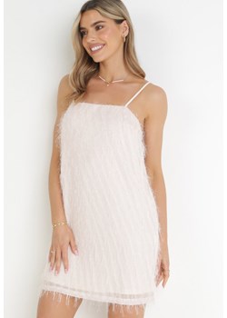 Beżowa Sukienka Mini z Cienkimi Frędzlami i Kwadratowym Dekoltem Lockia ze sklepu Born2be Odzież w kategorii Sukienki - zdjęcie 160077846