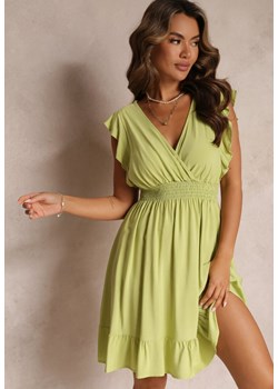 Zielona Mini Sukienka z Wiskozy o Rozkloszowanym Fasonie i Kopertowym Dekolcie Lolsa ze sklepu Renee odzież w kategorii Sukienki - zdjęcie 160078036