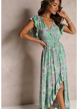 Zielona Sukienka z Falbankami Gumką w Talii z Wiskozy Leth ze sklepu Renee odzież w kategorii Sukienki - zdjęcie 160078066