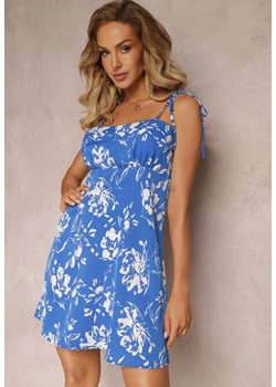 Niebieska Taliowana Sukienka Mini z Wiązaniem na Ramiączkach w Kwiaty Saudrani ze sklepu Renee odzież w kategorii Sukienki - zdjęcie 160078096