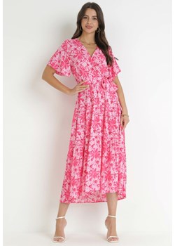 Fuksjowa Kopertowa Sukienka Midi z Gumką w Pasie z Wiskozy Jezia ze sklepu Born2be Odzież w kategorii Sukienki - zdjęcie 160081676
