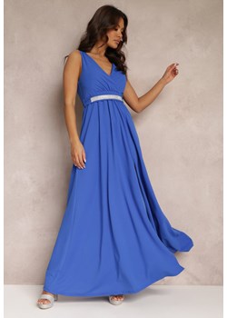 Niebieska Rozkloszowana Sukienka z Wycięciem i Paskiem w Cyrkonie Elineta ze sklepu Renee odzież w kategorii Sukienki - zdjęcie 160081716