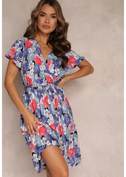 Niebiesko-Czerwona Rozkloszowana Sukienka z Kopertowym Dekoltem i Wiązanym Paskiem Kanges ze sklepu Renee odzież w kategorii Sukienki - zdjęcie 160081776