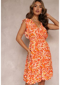 Pomarańczowa Sukienka z Falbanką i Kopertowym Dekoltem Leanah ze sklepu Renee odzież w kategorii Sukienki - zdjęcie 160081786