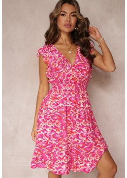 Różowa Sukienka z Falbanką i Kopertowym Dekoltem Leanah ze sklepu Renee odzież w kategorii Sukienki - zdjęcie 160081796