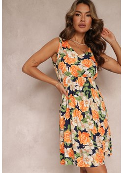 Granatowo-Pomarańczowa Wiskozowa Sukienka Mini Rozkloszowana z Głębokim Dekoltem Lezza ze sklepu Renee odzież w kategorii Sukienki - zdjęcie 160081806