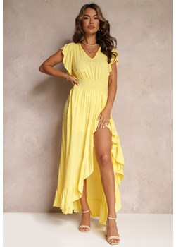 Żółta Kopertowa Sukienka z Wiskozy Ozdobiona Falbanką Carnovie ze sklepu Renee odzież w kategorii Sukienki - zdjęcie 160081846