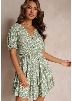 Zielona Sukienka Mini z Gumką w Pasie i Kopertowym Dekoltem z Wiskozy Littlestar ze sklepu Renee odzież w kategorii Sukienki - zdjęcie 160138378
