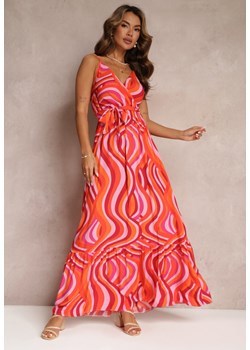 Pomarańczowa Rozkloszowana Sukienka Maxi z Wiskozy z Gumką w Pasie i Kopertowym Dekoltem Mailen ze sklepu Renee odzież w kategorii Sukienki - zdjęcie 160138388