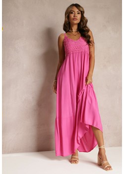 Różowa Rozkloszowana Sukienka Maxi na Cienkich Ramiączkach z Ażurową Górą Batri ze sklepu Renee odzież w kategorii Sukienki - zdjęcie 160139839