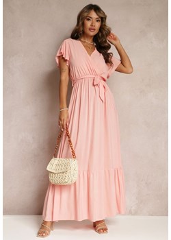 Różowa Rozkloszowana Sukienka Maxi z Gumką w Talii i Falbankami Tracia ze sklepu Renee odzież w kategorii Sukienki - zdjęcie 160139849