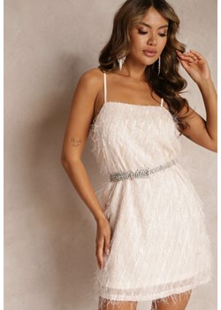 Beżowa Koktajlowa Sukienka Mini z Cienkimi Piórkami Clotile ze sklepu Renee odzież w kategorii Sukienki - zdjęcie 160139886