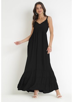 Czarna Sukienka Maxi na Ramiączkach z Koronkowymi Wstawkami i Falbankami Lemera ze sklepu Born2be Odzież w kategorii Sukienki - zdjęcie 160140728