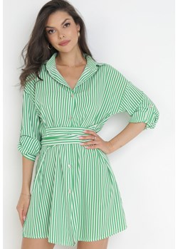 Zielona Koszulowa Sukienka Mini z Wiązaniem w Pasie z Wiskozy Eleva ze sklepu Born2be Odzież w kategorii Sukienki - zdjęcie 160153565