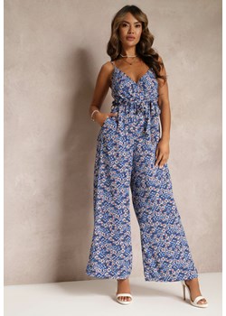 Niebieski Kombinezon z Długimi Nogawkami i Gumką w Talii w Kwiaty Disania ze sklepu Renee odzież w kategorii Kombinezony damskie - zdjęcie 160197657