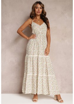 Biała Kwiecista Sukienka Maxi na Ramiączkach z Gumką w Pasie Cadsiua ze sklepu Renee odzież w kategorii Sukienki - zdjęcie 160197689
