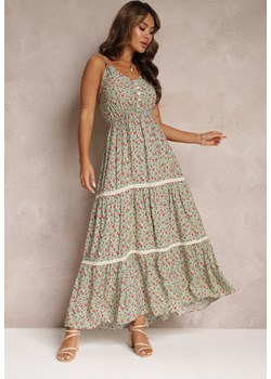 Zielona Kwiecista Sukienka Maxi na Ramiączkach z Gumką w Pasie Cadsiua ze sklepu Renee odzież w kategorii Sukienki - zdjęcie 160197699