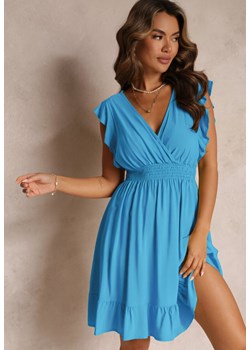 Niebieska Mini Sukienka z Wiskozy o Rozkloszowanym Fasonie i Kopertowym Dekolcie Lolsa ze sklepu Renee odzież w kategorii Sukienki - zdjęcie 160197779