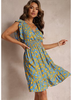Niebieska Wiskozowa Sukienka o Rozkloszowanym fasonie z Metalicznym Nadrukiem Aurasana ze sklepu Renee odzież w kategorii Sukienki - zdjęcie 160203916