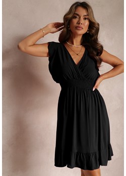 Czarna Mini Sukienka z Wiskozy o Rozkloszowanym Fasonie i Kopertowym Dekolcie Lolsa ze sklepu Renee odzież w kategorii Sukienki - zdjęcie 160207569