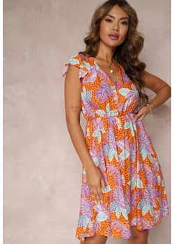 Pomarańczowa Wiskozowa Sukienka Mini z Gumką w Pasie i Ozdobnymi Guzikami Trypha ze sklepu Renee odzież w kategorii Sukienki - zdjęcie 160212647