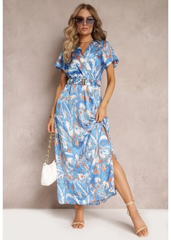 Niebieska Rozkloszowana Sukienka Maxi z Gumką w Talii i Materiałowym Paskiem Tivia ze sklepu Renee odzież w kategorii Sukienki - zdjęcie 160219047
