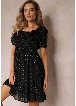 Czarna Sukienka Mini z Gumką w Talii i Wiązaniem na Plecach Olitisa ze sklepu Renee odzież w kategorii Sukienki - zdjęcie 160219067