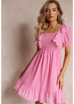 Rózowa Sukienka Mini z Gumką w Talii i Wiązaniem na Plecach Olitisa ze sklepu Renee odzież w kategorii Sukienki - zdjęcie 160219077