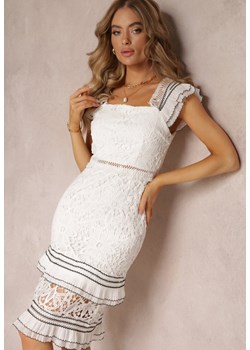 Biała Taliowana Sukienka Midi z Głębokim Dekoltem z Ażurowej Tkaniny Eleonota ze sklepu Renee odzież w kategorii Sukienki - zdjęcie 160219217