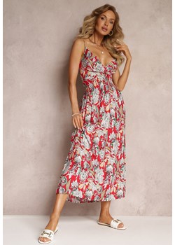 Czerwona Wiskozowa Sukienka Maxi z Głębokim Dekoltem i Gumką w Talii Gallandria ze sklepu Renee odzież w kategorii Sukienki - zdjęcie 160285866