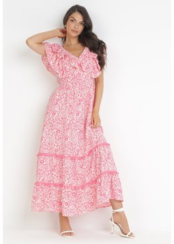 Różowa Rozkloszowana Sukienka Maxi z Ozdobnym Dekoltem i Gumką w Talii z Wiskozy Adyni ze sklepu Born2be Odzież w kategorii Sukienki - zdjęcie 160288458