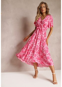 Fuksjowa Rozkloszowana Sukienka Midi z Kopertowym Dekoltem i Gumką w Talii z Wiskozy Lyan ze sklepu Renee odzież w kategorii Sukienki - zdjęcie 160288647
