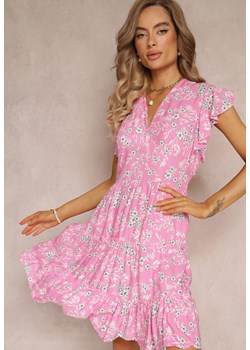 Różowa Rozkloszowana Sukienka z Wiskozy i Falbankami Brindisi ze sklepu Renee odzież w kategorii Sukienki - zdjęcie 160288837