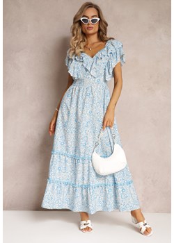 Niebieska Wiskozowa Sukienka Maxi z Falbanką przy Dekolcie i Gumką w Pasie Lamimore ze sklepu Renee odzież w kategorii Sukienki - zdjęcie 160288859