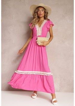 Fuksjowa Wiskozowa Maxi Sukienka z Frędzlami i Wiązaniem przy Dekolcie Rosania ze sklepu Renee odzież w kategorii Sukienki - zdjęcie 160288927