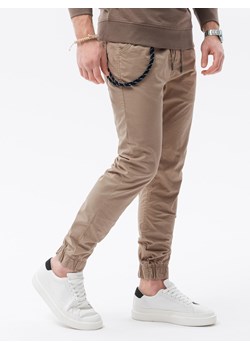 Spodnie męskie materiałowe JOGGERY z ozdobnym sznurkiem - beżowe V5 P908 ze sklepu ombre w kategorii Spodnie męskie - zdjęcie 160290897