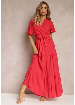 Czerwona Rozkloszowana Sukienka z Falbanką i Wiązanym Paskiem Adotine ze sklepu Renee odzież w kategorii Sukienki - zdjęcie 160308909