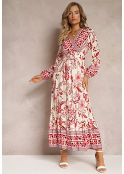 Beżowo-Czerwona Sukienka Maxi z Kopertowym Dekoltem i Gumkami w Pasie Nerene ze sklepu Renee odzież w kategorii Sukienki - zdjęcie 160308919