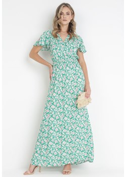 Zielona Wiskozowa Sukienka Z Kopertowym Dekoltem i Gumkami w Pasie Seldel ze sklepu Born2be Odzież w kategorii Sukienki - zdjęcie 160314959