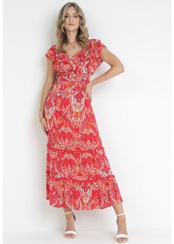 Czerwona Rozkloszowana Sukienka Maxi z Marszczoną Gumką w Pasie i Falbanami z Wiskozy Wilsey ze sklepu Born2be Odzież w kategorii Sukienki - zdjęcie 160315069