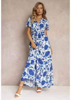 Niebieska Sukienka w Kwiaty z Paskiem i Gumką w Talii z Wiskozy Agletina ze sklepu Renee odzież w kategorii Sukienki - zdjęcie 160315217
