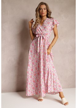 Jasnoróżowa Plisowana Sukienka Maxi w Kwiatki z Gumką w Talii Ikama ze sklepu Renee odzież w kategorii Sukienki - zdjęcie 160315318