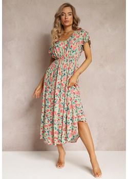 Jasnozielona Wiskozowa Sukienka o Rozkloszowanym Fasonie z Printem w Kwiaty Alonelle ze sklepu Renee odzież w kategorii Sukienki - zdjęcie 160315548