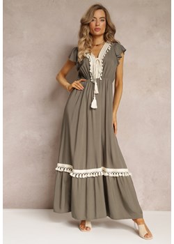 Ciemnozielona Wiskozowa Maxi Sukienka z Frędzlami i Wiązaniem przy Dekolcie Rosania ze sklepu Renee odzież w kategorii Sukienki - zdjęcie 160315568